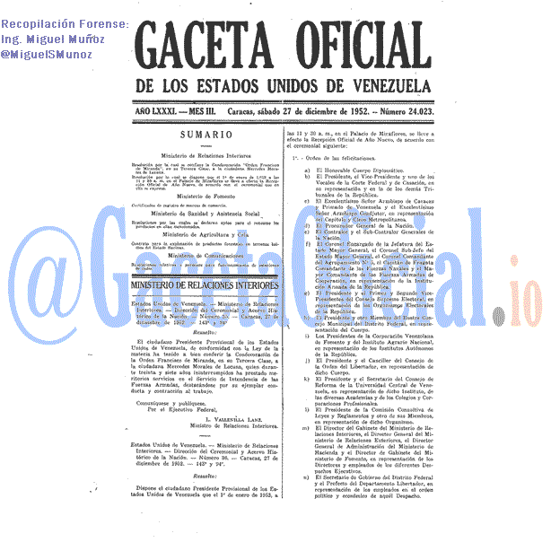Gaceta Oficial 24023 del 27 Diciembre 1952