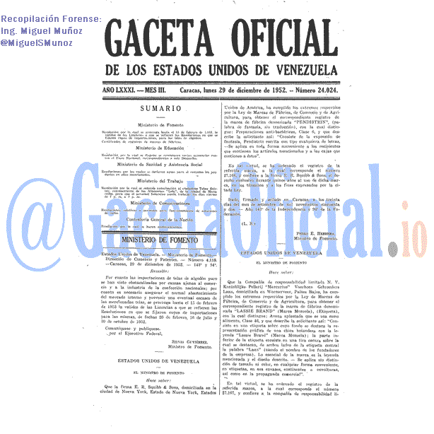 Gaceta Oficial 24024 del 29 Diciembre 1952