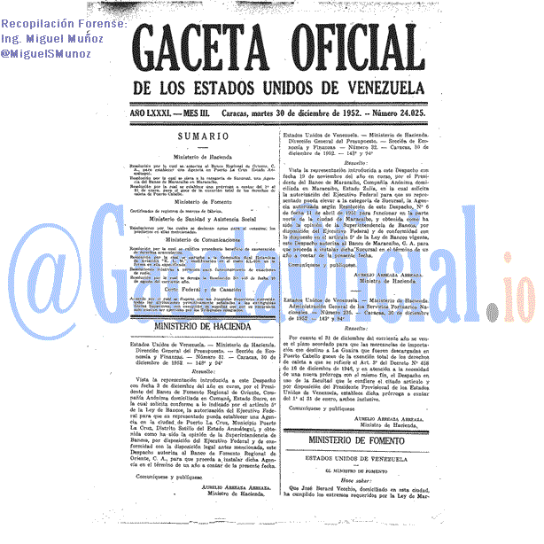 Gaceta Oficial 24025 del 30 Diciembre 1952