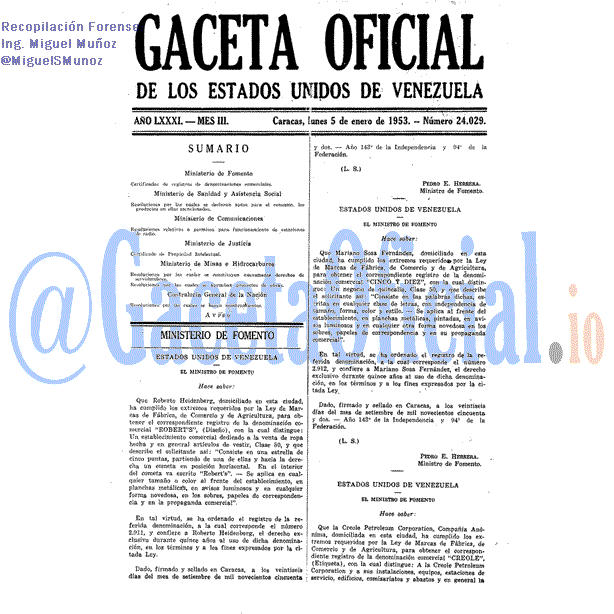 Gaceta Oficial 24029 del 5 Enero 1953