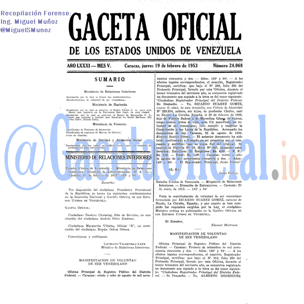Gaceta Oficial 24068 del 19 Febrero 1953