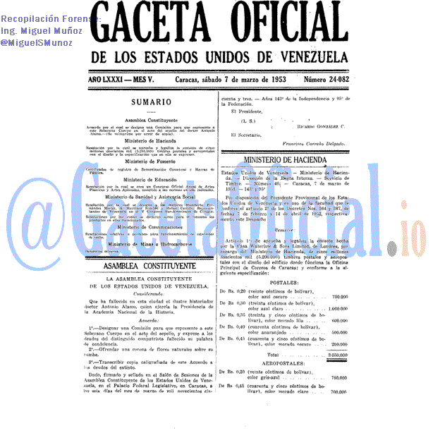 Gaceta Oficial 24082 del 7 Marzo 1953