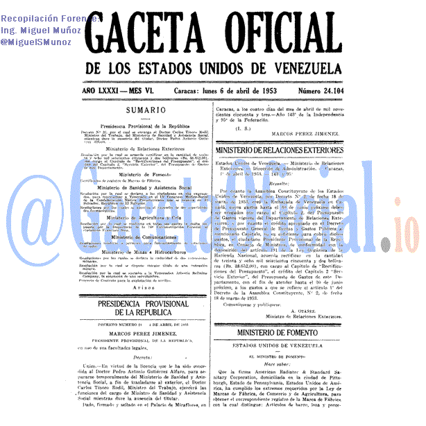 Gaceta Oficial 24104 del 6 Abril 1953