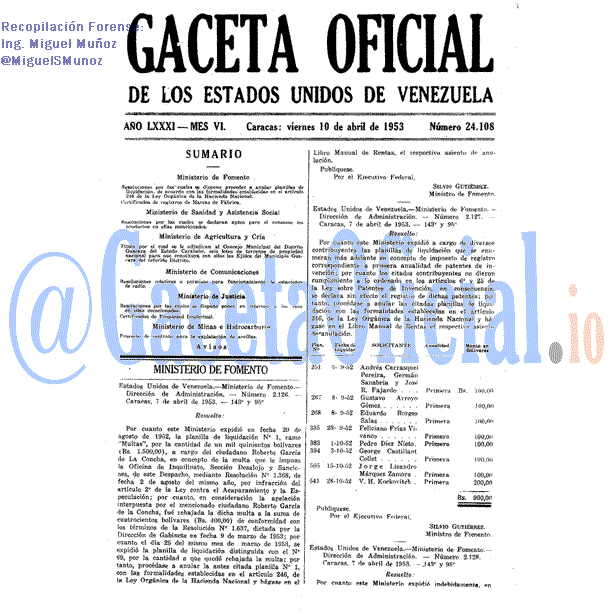 Gaceta Oficial 24108 del 10 Abril 1953