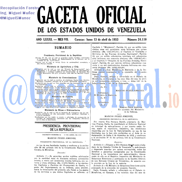 Gaceta Oficial 24110 del 13 Abril 1953