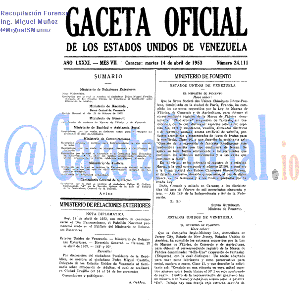 Gaceta Oficial 24111 del 14 Abril 1953