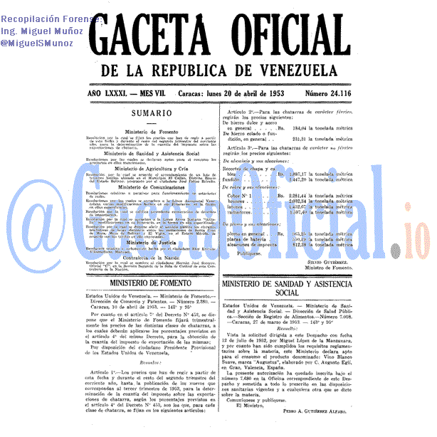Gaceta Oficial 24116 del 20 Abril 1953