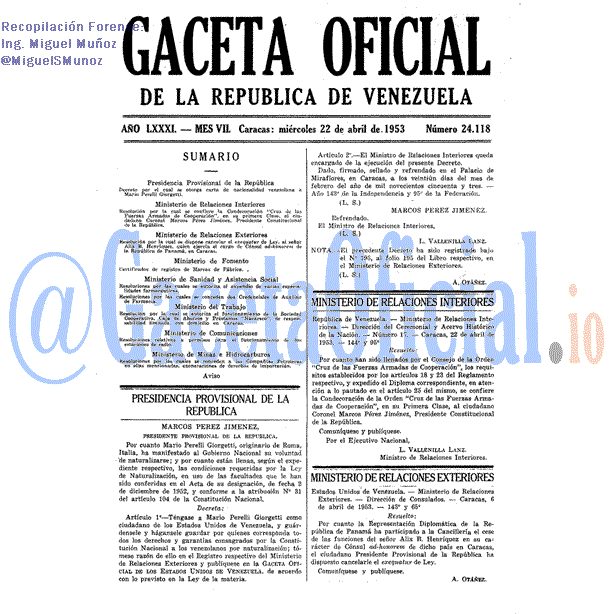 Gaceta Oficial 24118 del 22 Abril 1953