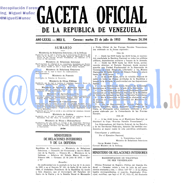 Gaceta Oficial 24194 del 21 Julio 1953