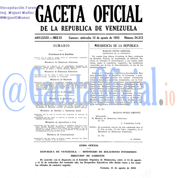 Gaceta Oficial 24212 del 12 Agosto 1953