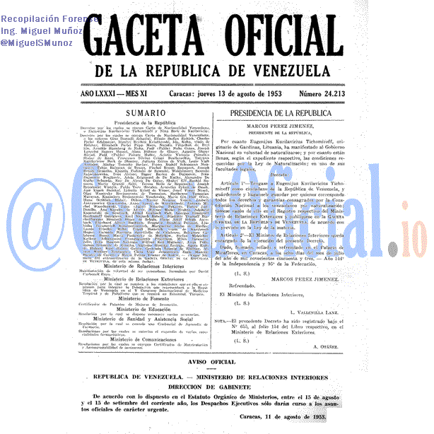 Gaceta Oficial 24213 del 13 Agosto 1953