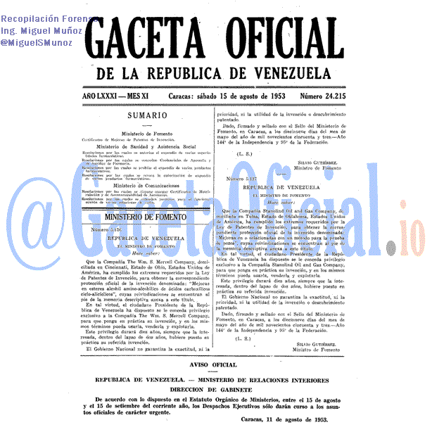 Gaceta Oficial 24215 del 15 Agosto 1953