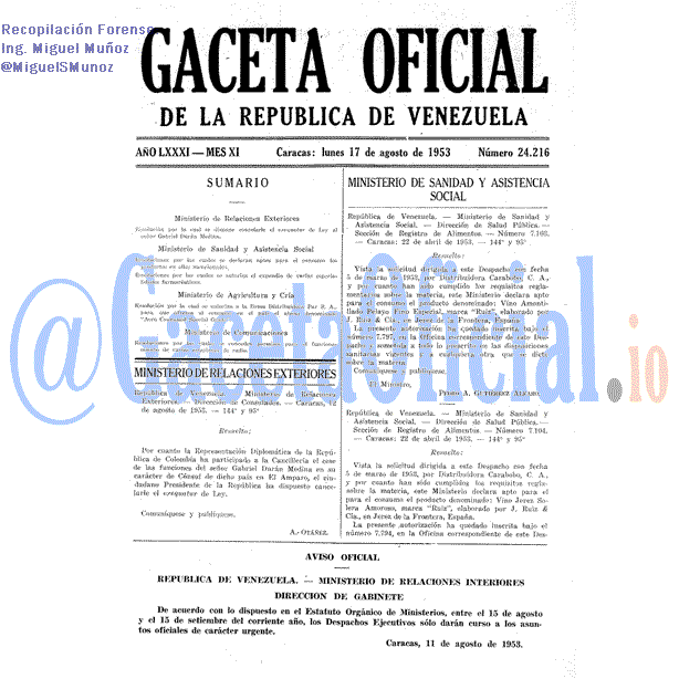 Gaceta Oficial 24216 del 17 Agosto 1953