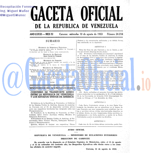 Gaceta Oficial 24218 del 19 Agosto 1953