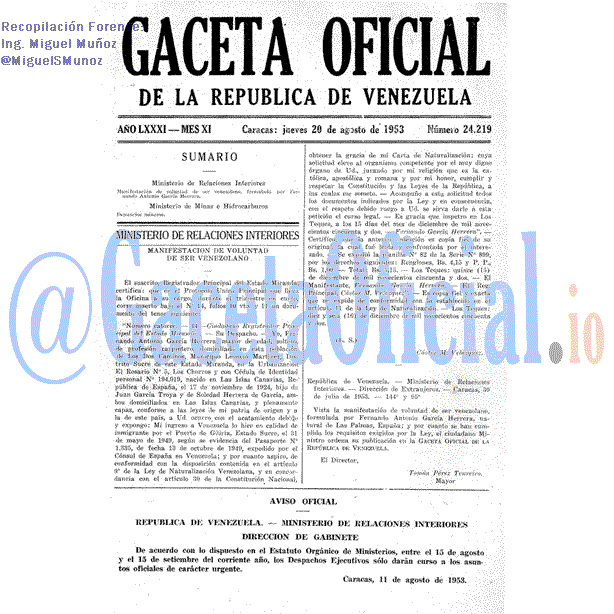 Gaceta Oficial 24219 del 20 Agosto 1953