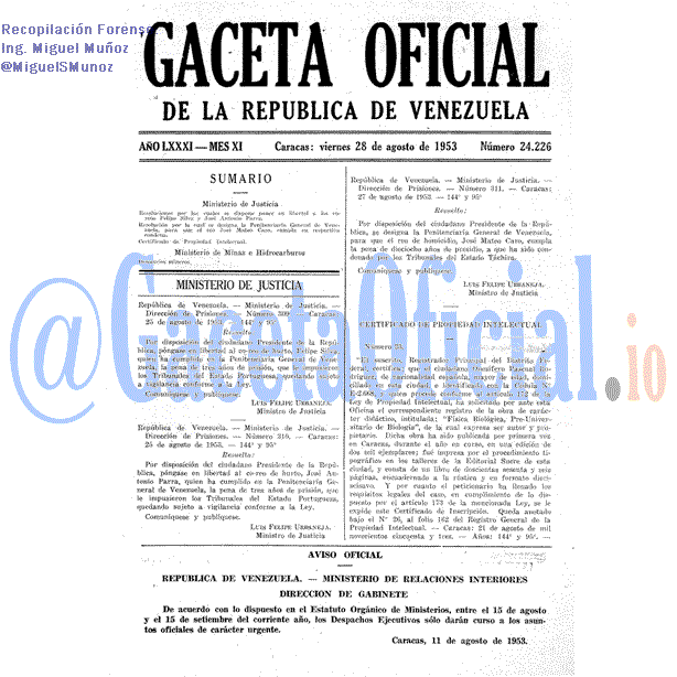Gaceta Oficial 24226 del 28 Agosto 1953