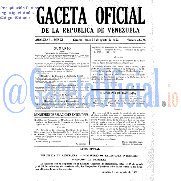 Gaceta Oficial 24228 del 31 Agosto 1953