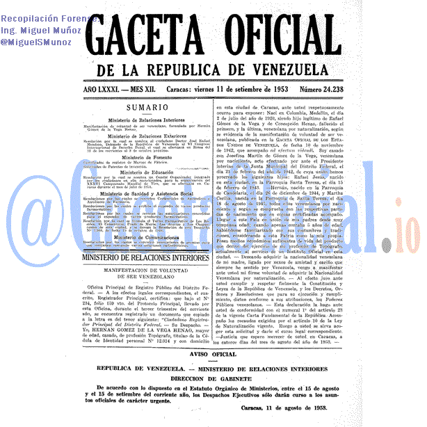 Gaceta Oficial 24238 del 11 Septiembre 1953