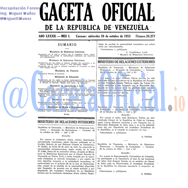 Gaceta Oficial 24277 del 28 Octubre 1953