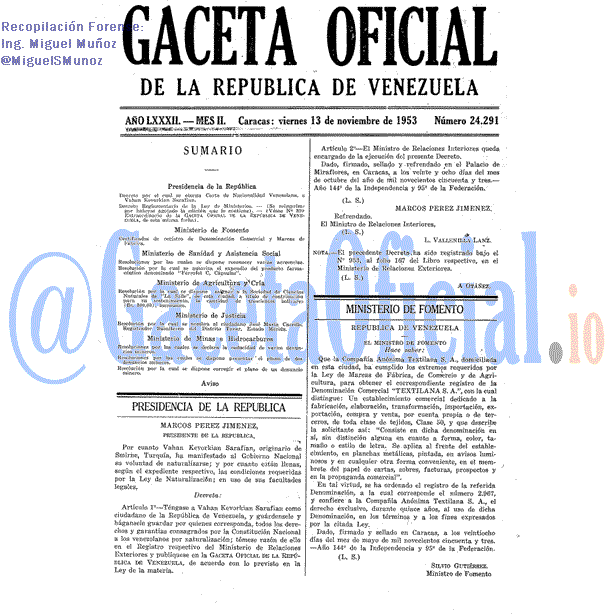 Gaceta Oficial 24291 del 13 Noviembre 1953
