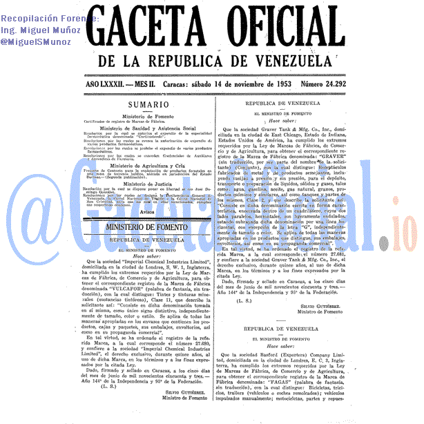 Gaceta Oficial 24292 del 14 Noviembre 1953