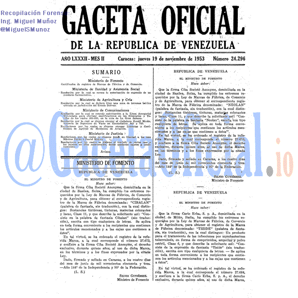 Gaceta Oficial 24296 del 19 Noviembre 1953