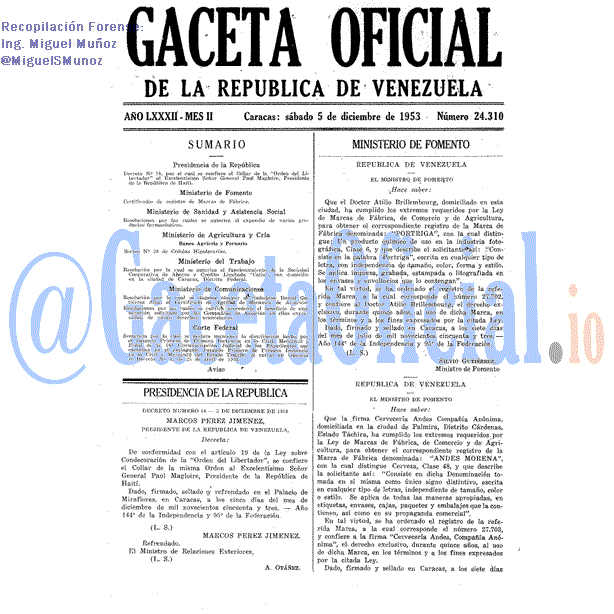 Gaceta Oficial 24310 del 5 Diciembre 1953