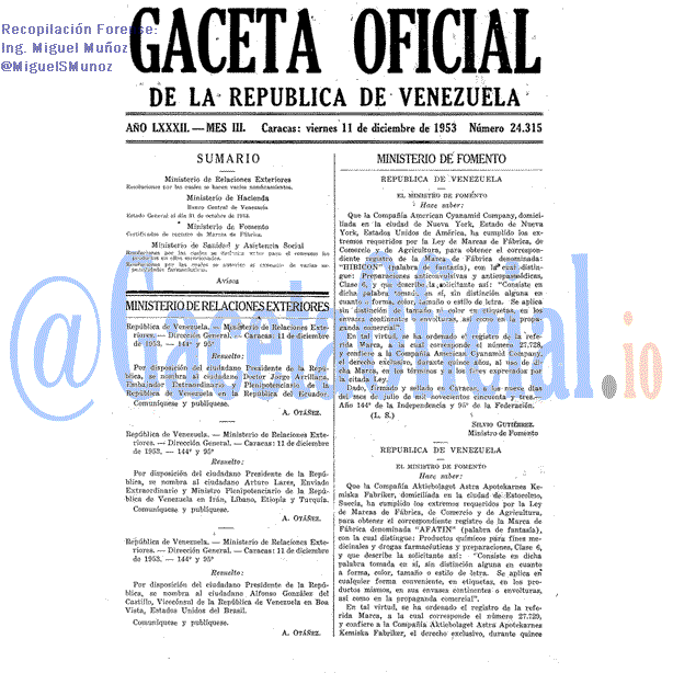 Gaceta Oficial 24315 del 11 Diciembre 1953