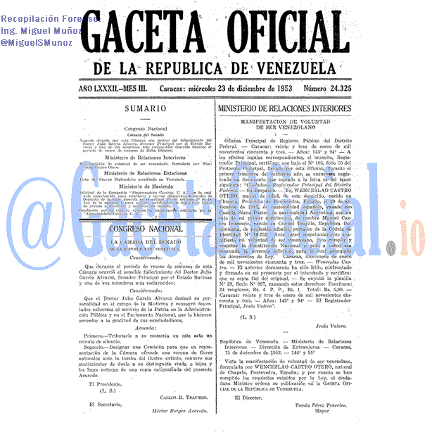 Gaceta Oficial 24325 del 23 Diciembre 1953