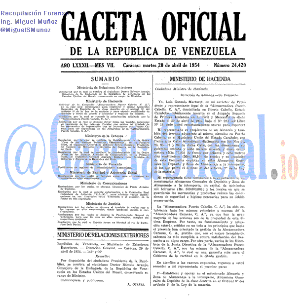 Gaceta Oficial 24420 del 20 Abril 1954