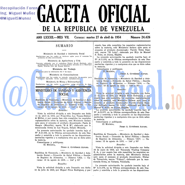 Gaceta Oficial 24426 del 27 Abril 1954