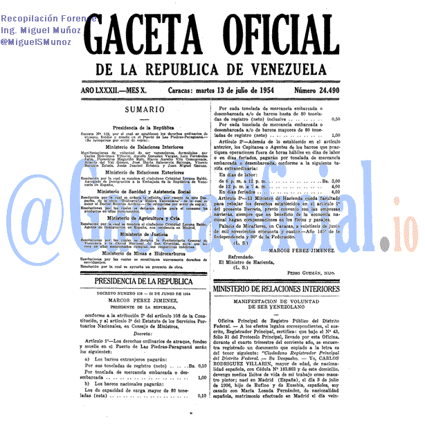Gaceta Oficial 24490 del 13 Julio 1954