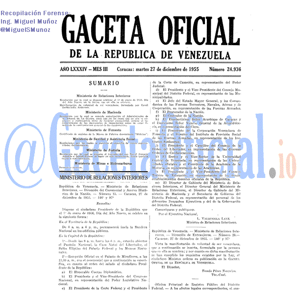 Gaceta Oficial 24936 del 27 Diciembre 1955