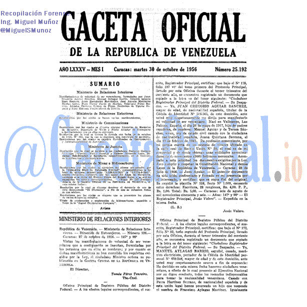 Gaceta Oficial 25192 del 30 Octubre 1956