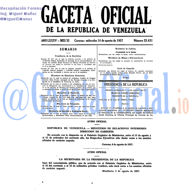 Gaceta Oficial 25431 del 14 Agosto 1957