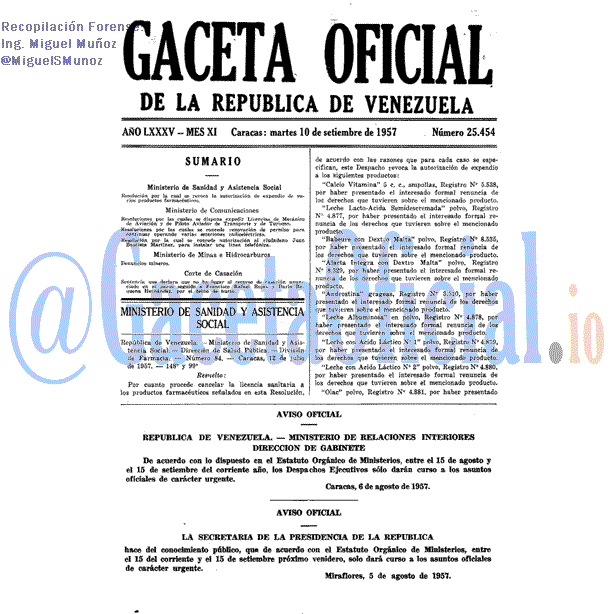 Gaceta Oficial 25454 del 10 Septiembre 1957