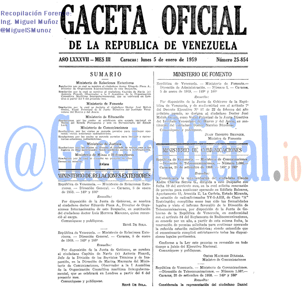 Gaceta Oficial 25854 del 5 Enero 1959
