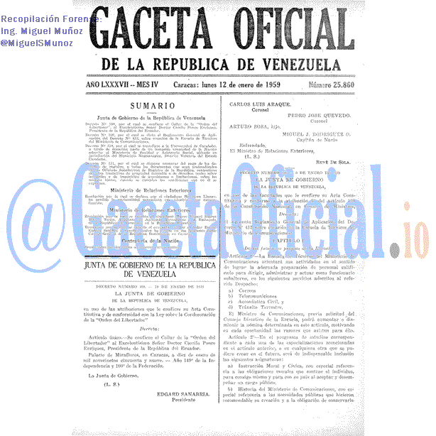 Gaceta Oficial 25860 del 12 Enero 1959
