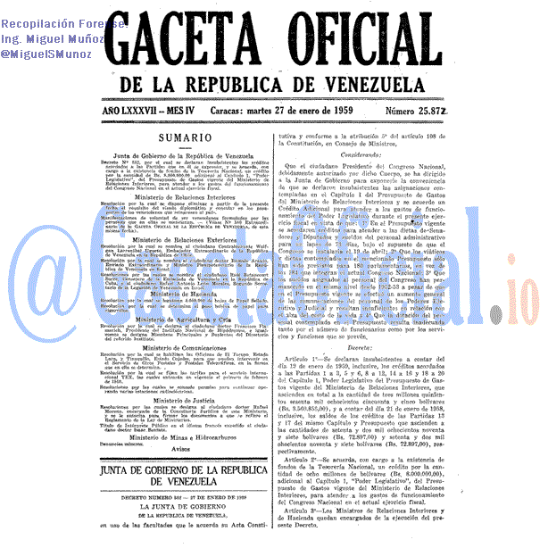 Gaceta Oficial 25872 del 27 Enero 1959