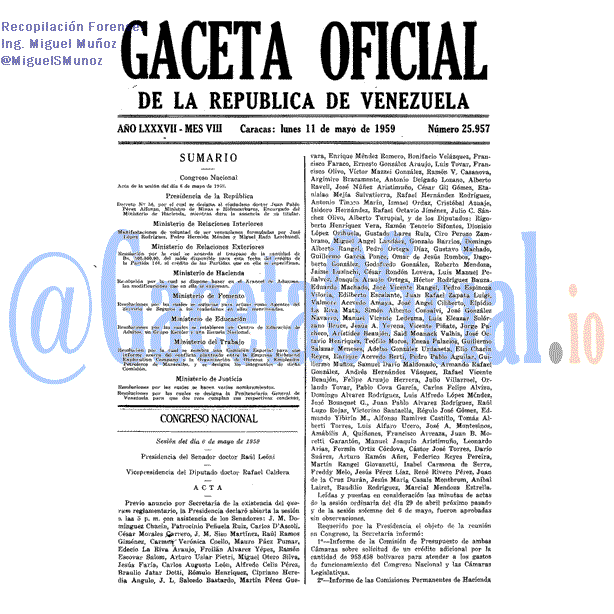 Gaceta Oficial 25957 del 11 Mayo 1959