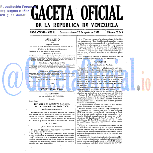 Gaceta Oficial 26043 del 22 Agosto 1959
