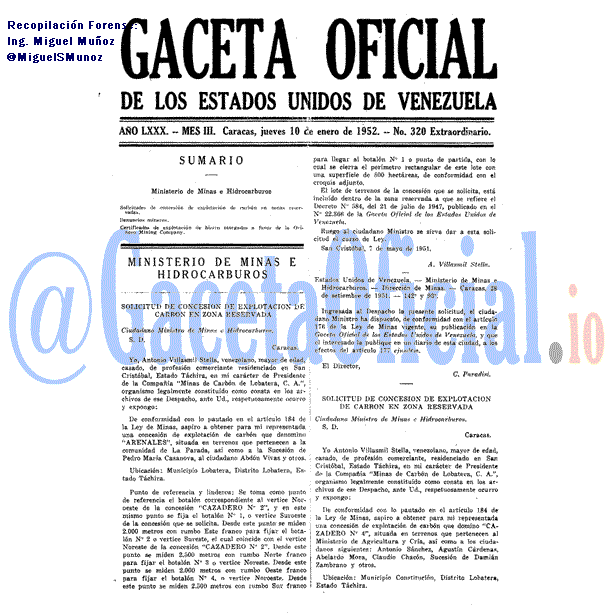 Gaceta Oficial 320 del 10 Enero 1952