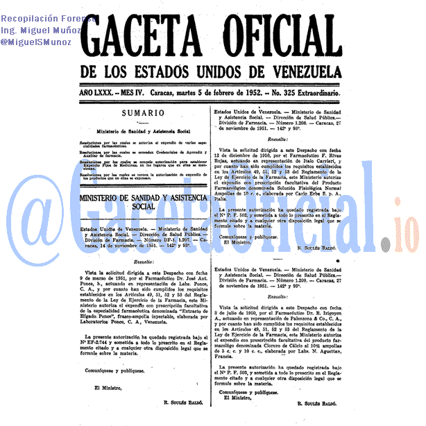 Gaceta Oficial 325 del 5 Febrero 1952