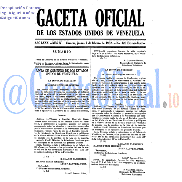 Gaceta Oficial 326 del 7 Febrero 1952