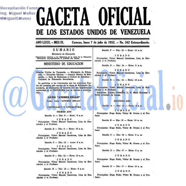 Gaceta Oficial 342 del 7 Julio 1952