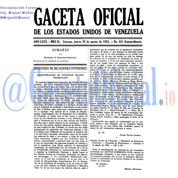 Gaceta Oficial 351 del 28 Agosto 1952
