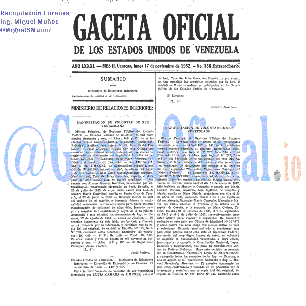 Gaceta Oficial 358 del 17 Noviembre 1952