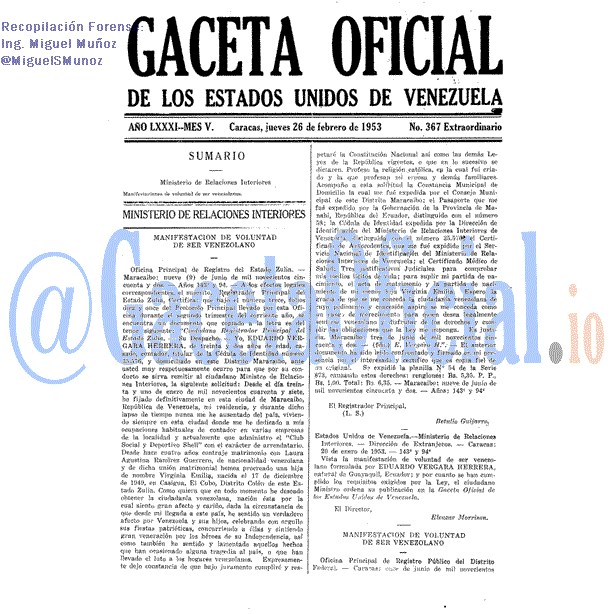 Gaceta Oficial 367 del 26 Febrero 1953