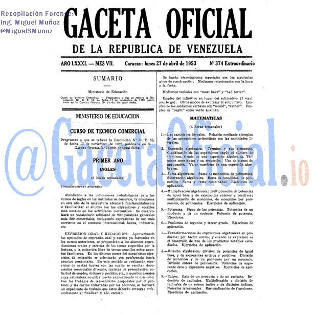 Gaceta Oficial 374 del 27 Abril 1953