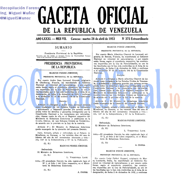 Gaceta Oficial 375 del 28 Abril 1953